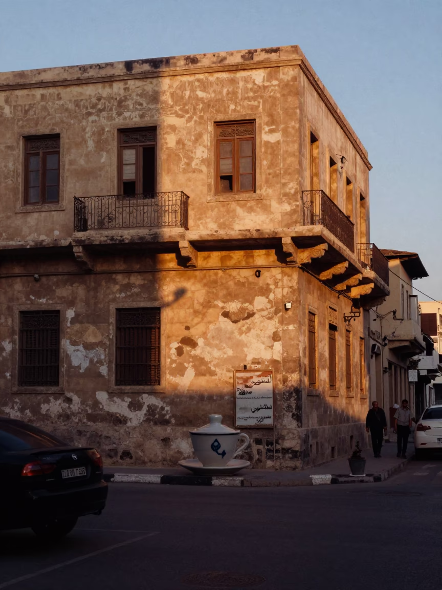 Alexandria Egypt Early Evening Street Scene with Ceramic Tea Cup on Windowsill in in Alexandria, Egypt