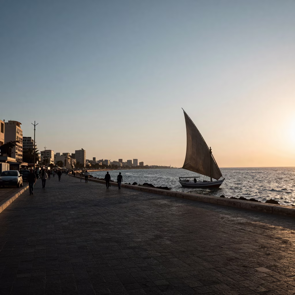 Alexandria Egypt early evening street scene with dhow silhouette and condensation in in Alexandria, Egypt