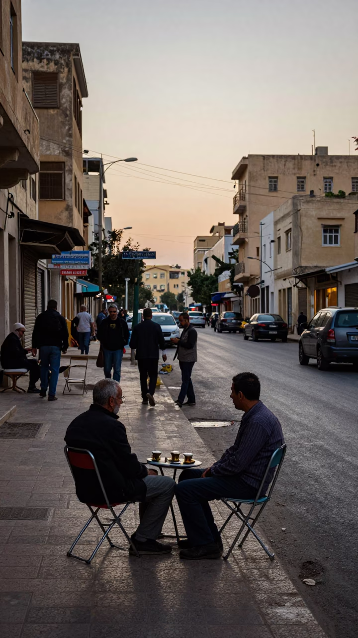 Alexandria Egypt Early Evening Street Scene with Folding Chair and Local Life in in Alexandria, Egypt