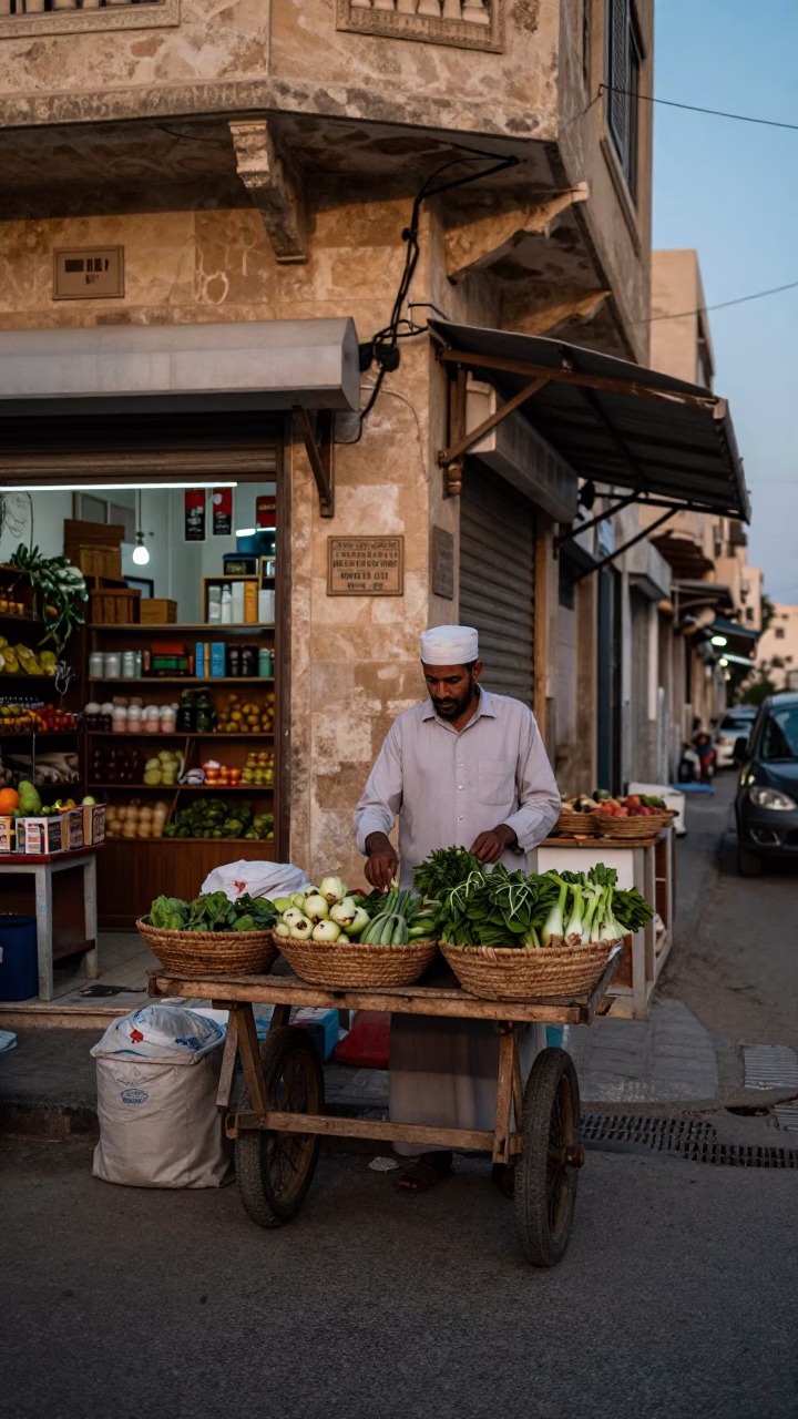 Alexandria Egypt Early Evening Street Scene with Local Vendor and Basket in in Alexandria, Egypt