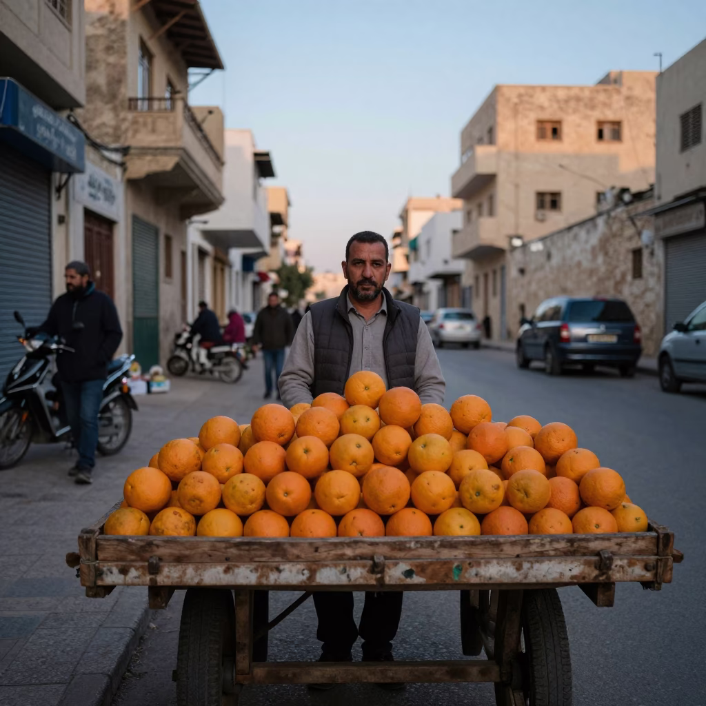 Alexandria Egypt Early Evening Street Scene with Oranges and Local Life in in Alexandria, Egypt