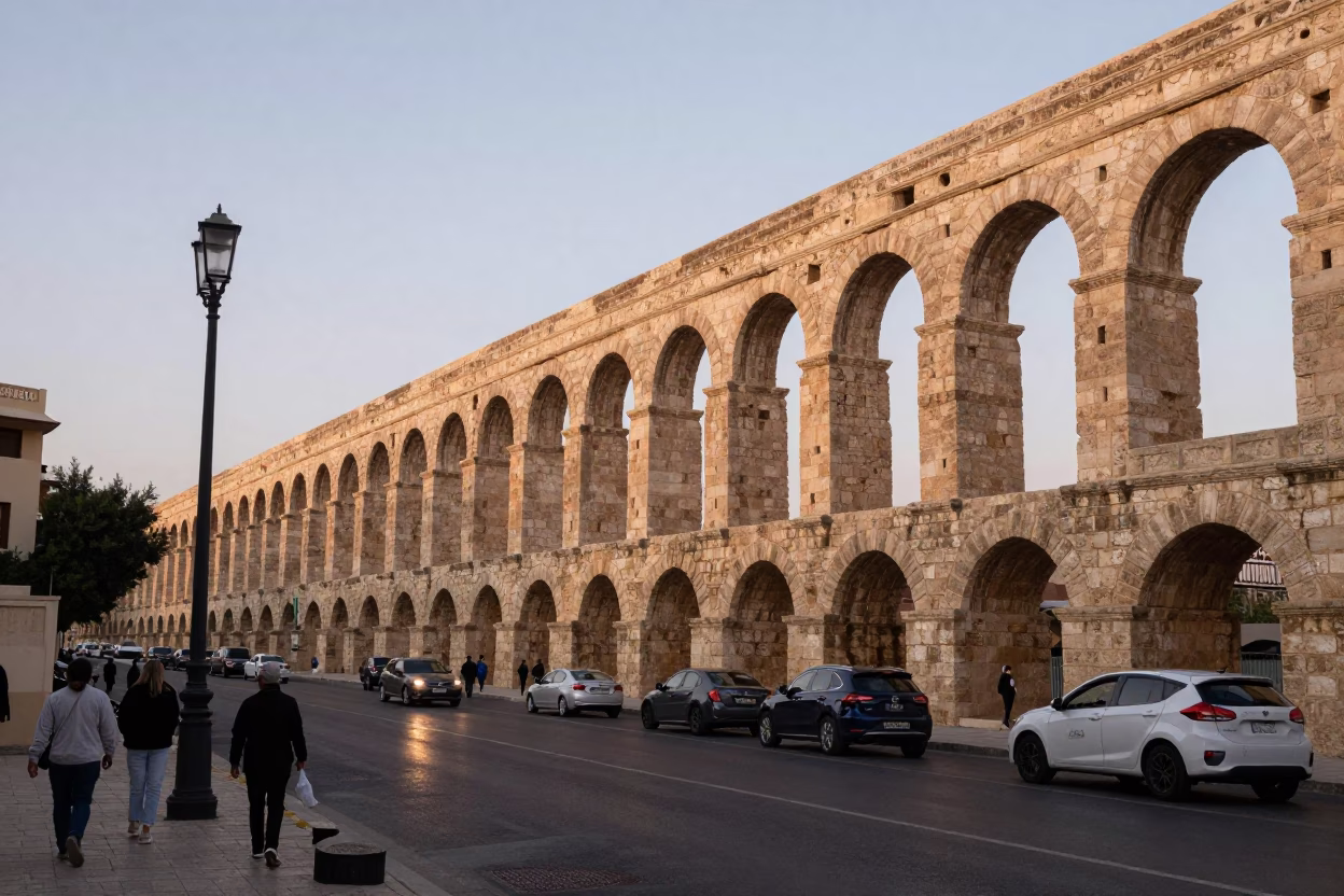 Alexandria Egypt Early Evening Street Scene with Roman Aqueduct and Local Life in in Alexandria, Egypt