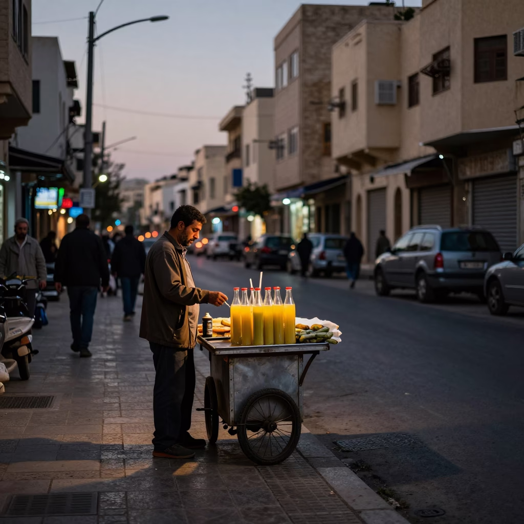 Alexandria Egypt Early Evening Street Scene with Sugarcane Juice Vendor in in Alexandria, Egypt