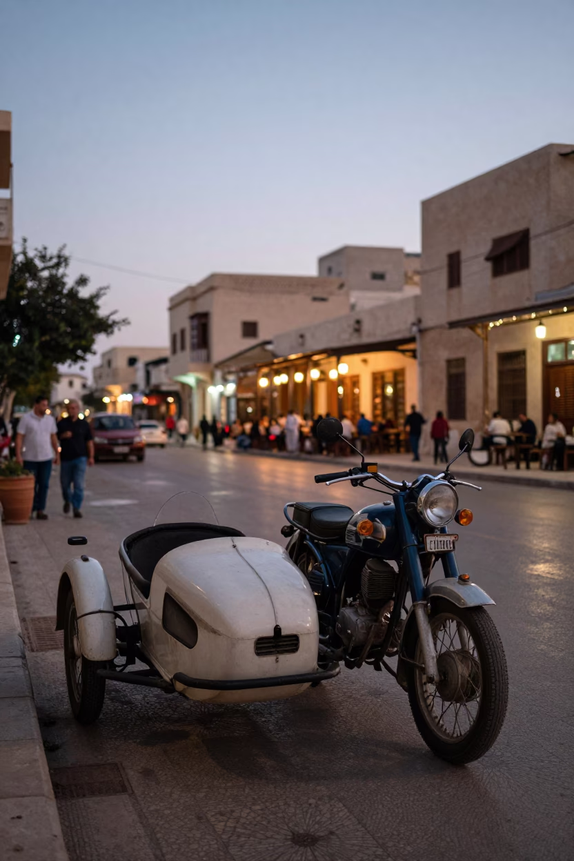 Alexandria Egypt Early Evening Street Scene with Vintage Motorcycle Sidecar in in Alexandria, Egypt