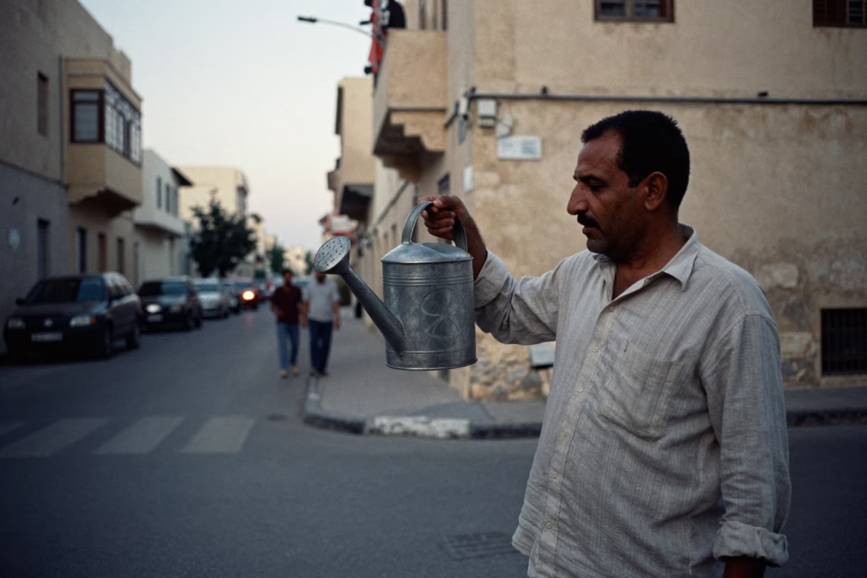 Alexandria Egypt Early Evening Street Scene with Watering Jug and Local Life in in Alexandria, Egypt