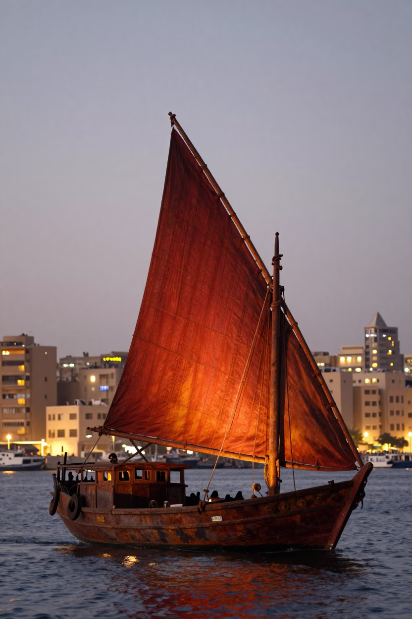 Alexandria Egypt Evening City Lights Glow Junk Boat Rust Red Sails Anchor in in Alexandria, Egypt