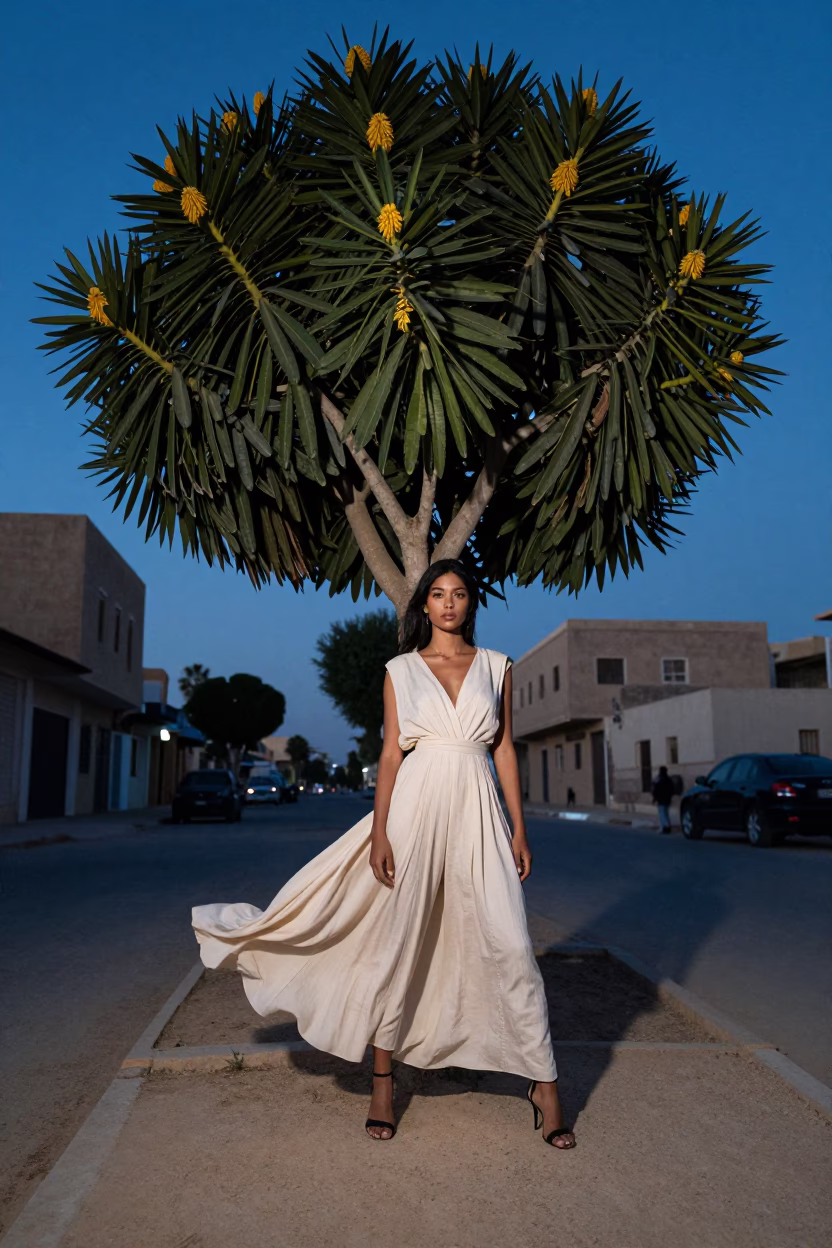 Alexandria Egypt Evening Street Fashion Model with Euphorbia Candelabra Tree in in Alexandria, Egypt
