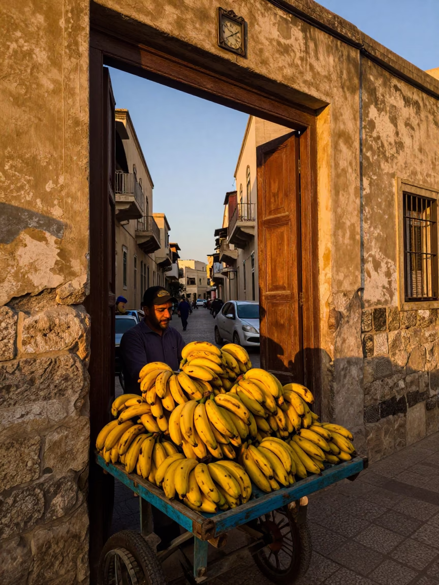 Alexandria Egypt Evening Street Scene with Bananas and Traditional Doorframe in in Alexandria, Egypt