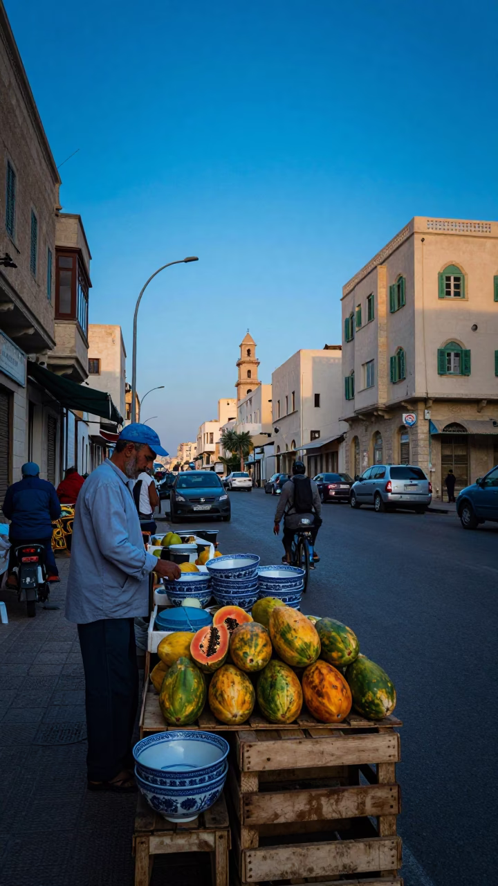 Alexandria Egypt Evening Street Scene with Blue White Porcelain Bowl and Nickel Latch in in Alexandria, Egypt