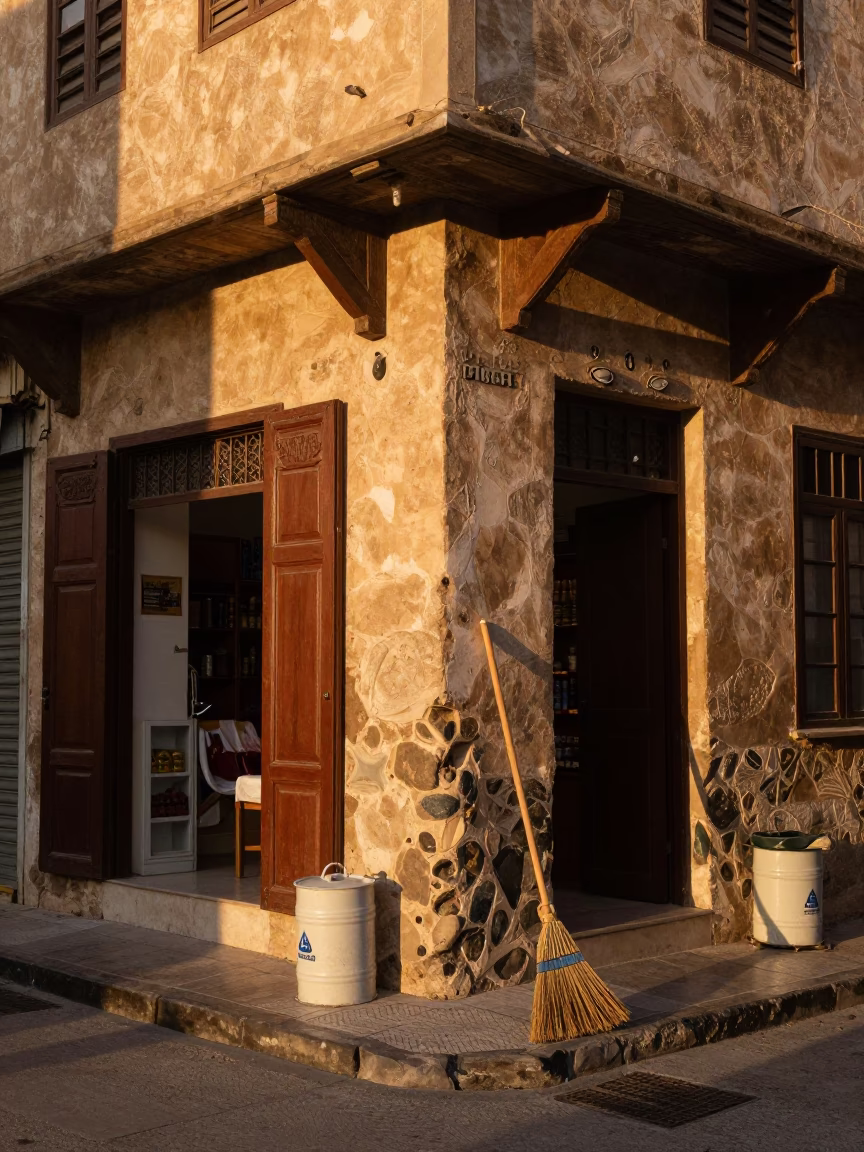 Alexandria Egypt Evening Street Scene with Broom and Canister Set in in Alexandria, Egypt