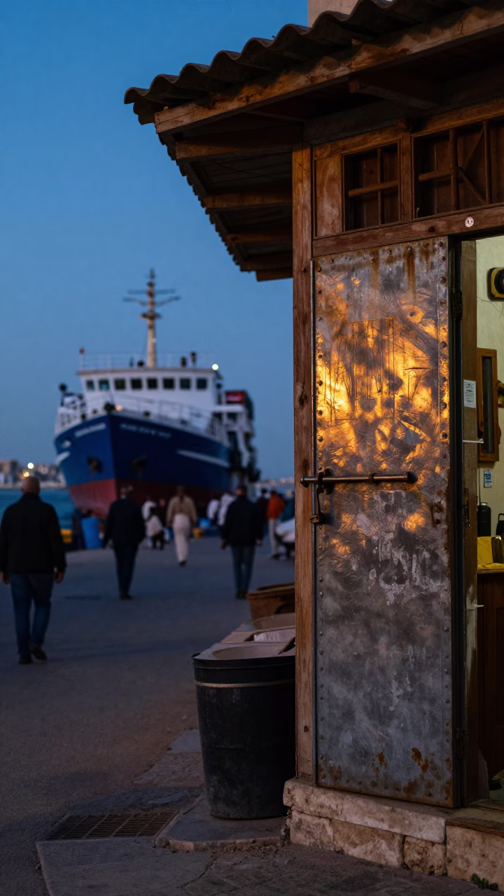 Alexandria Egypt Evening Street Scene with Cargo Ship and Local Life in in Alexandria, Egypt