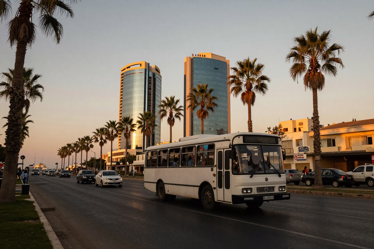 Alexandria Egypt Evening Street Scene with Classic Bus and Local Life in in Alexandria, Egypt