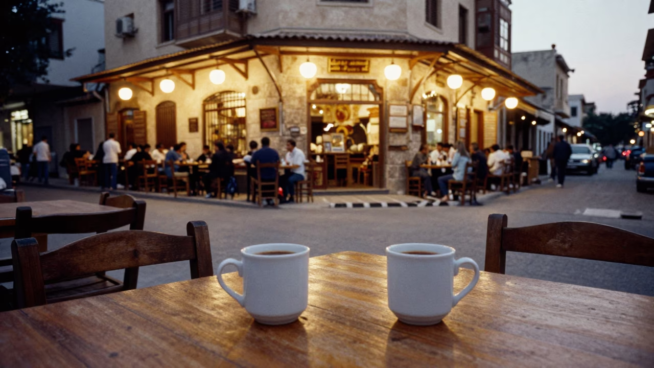 Alexandria Egypt Evening Street Scene with Coffee Mugs and Spice Jar in in Alexandria, Egypt