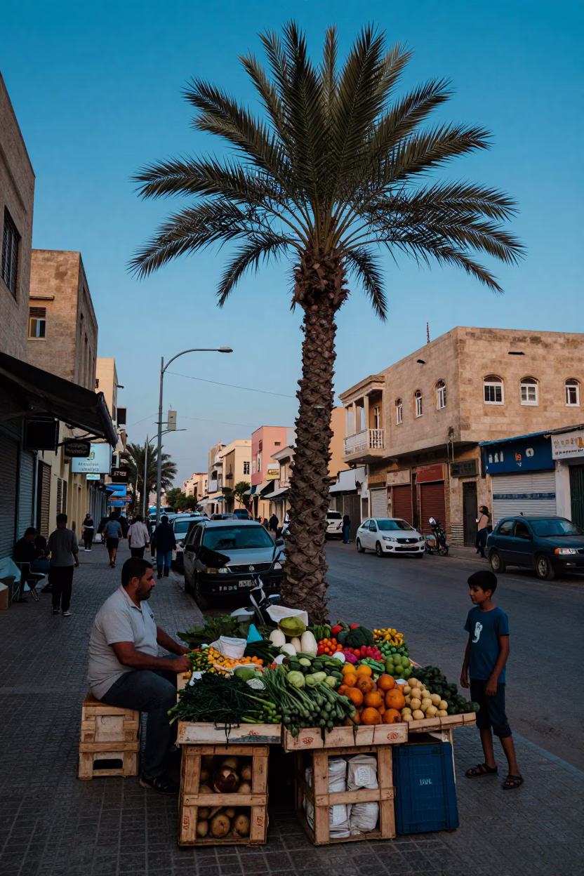 Alexandria Egypt Evening Street Scene with Date Palm and Local Activity in in Alexandria, Egypt