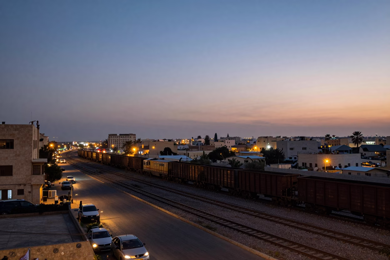 Alexandria Egypt Evening Street Scene with Freight Train and Urban Landscape in in Alexandria, Egypt