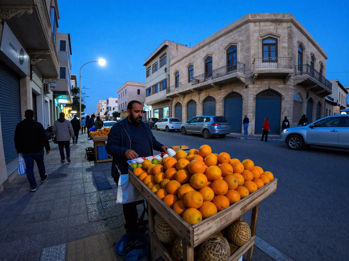 Alexandria Egypt evening street scene with fruit vendor and blue twilight light in in Alexandria, Egypt