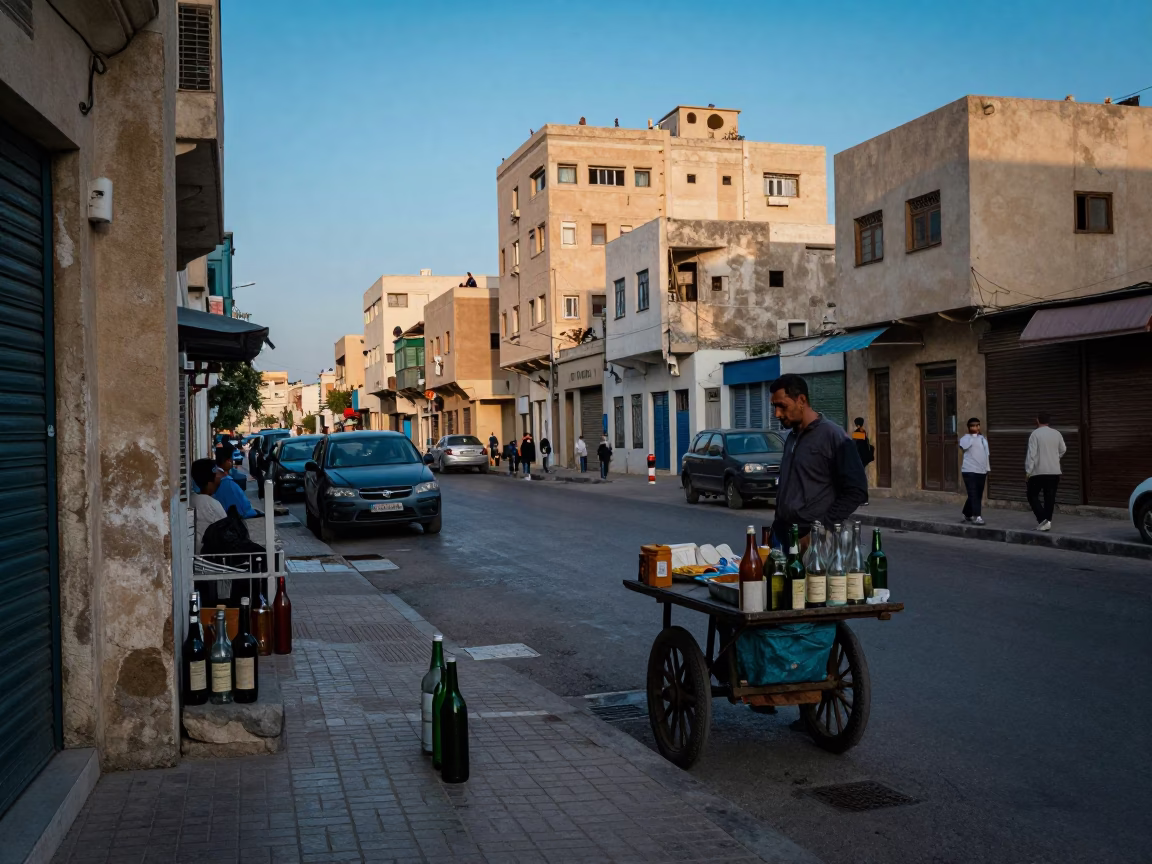Alexandria Egypt Evening Street Scene with Glass Bottles and Local Life in in Alexandria, Egypt