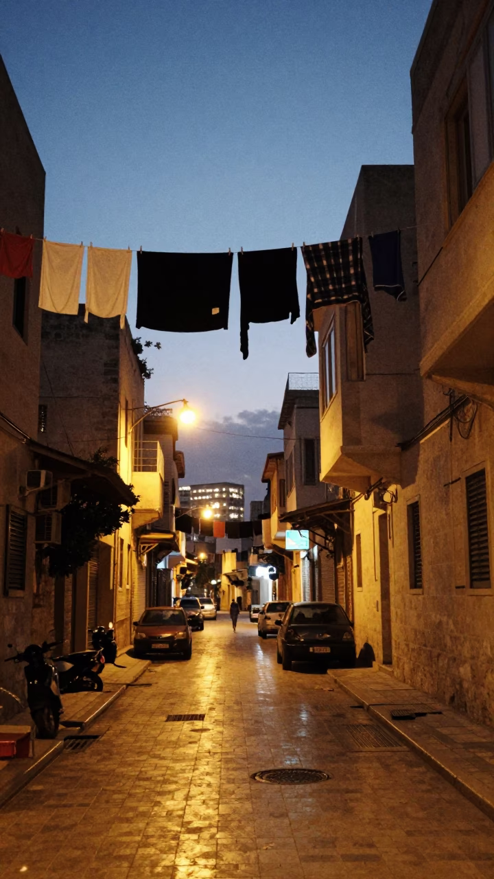 Alexandria Egypt Evening Street Scene with Hanging Laundry and City Lights in in Alexandria, Egypt