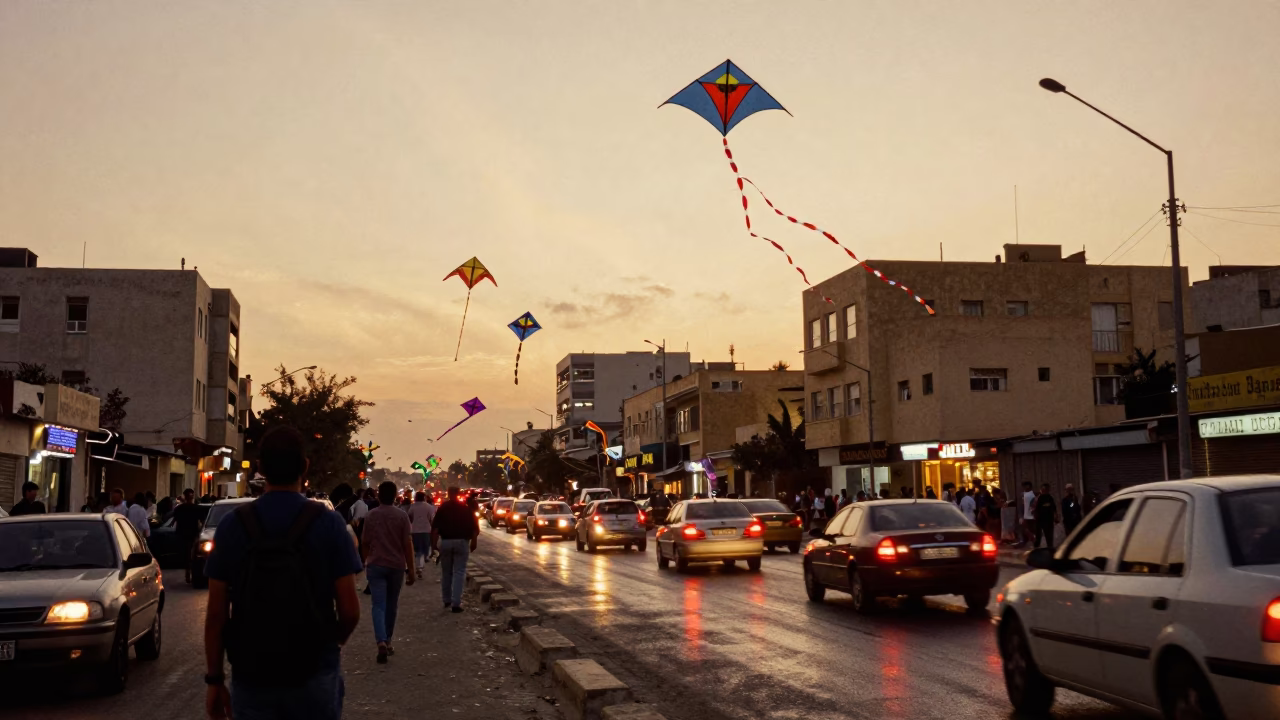 Alexandria Egypt Evening Street Scene with Kite Festival and Traffic in in Alexandria, Egypt