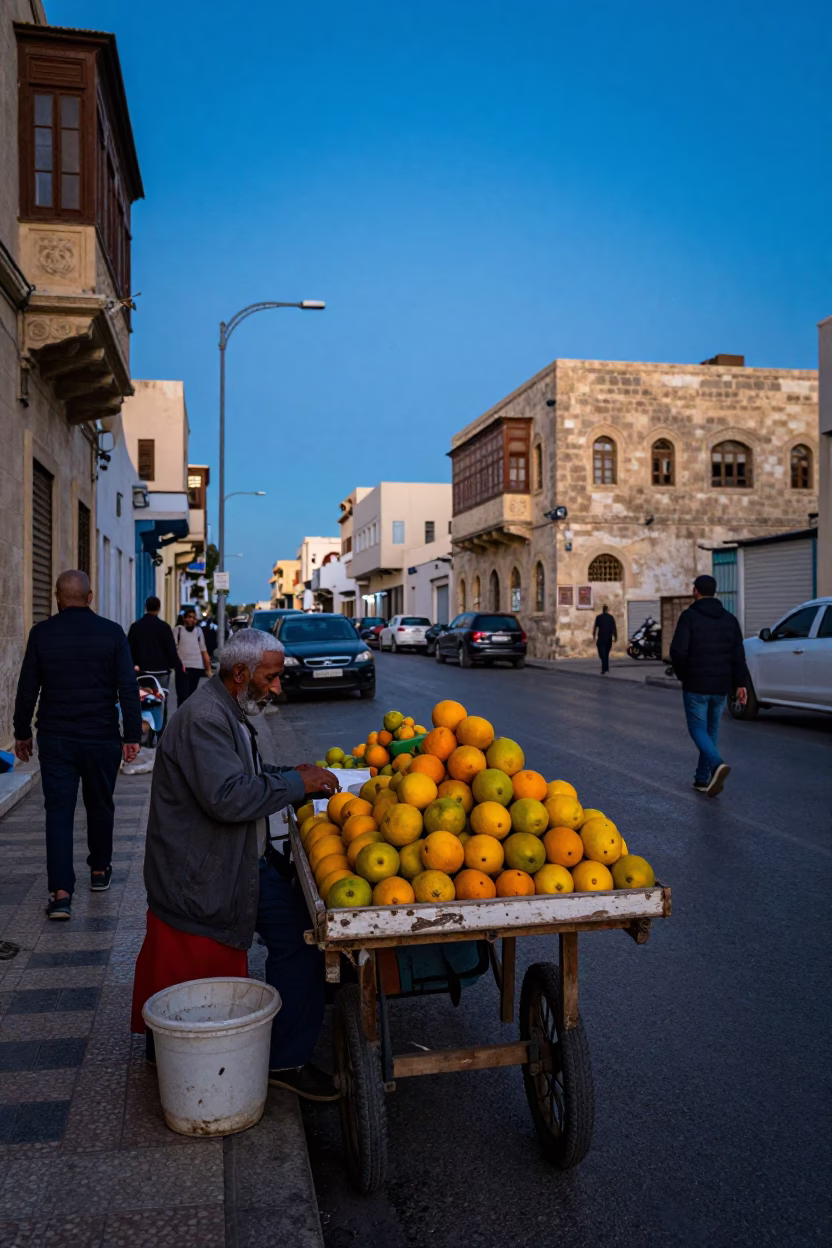 Alexandria Egypt Evening Street Scene with Local Vendor and Passersby in in Alexandria, Egypt