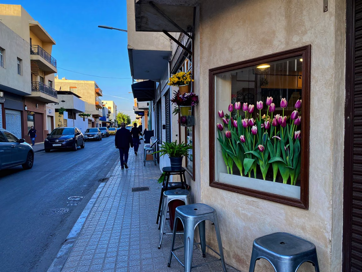 Alexandria Egypt Evening Street Scene with Metal Stools and Floral Display in in Alexandria, Egypt