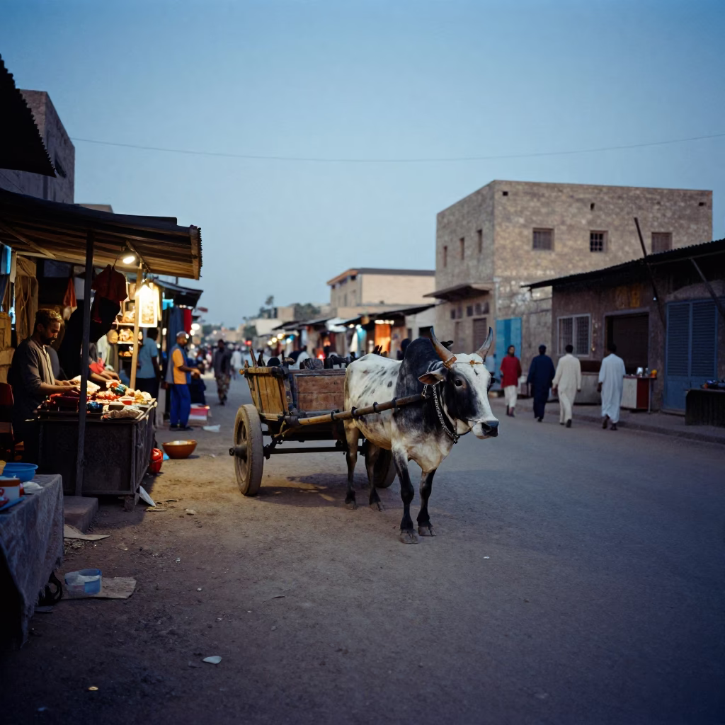Alexandria Egypt Evening Street Scene with Ox Cart and Local Market Activity in in Alexandria, Egypt