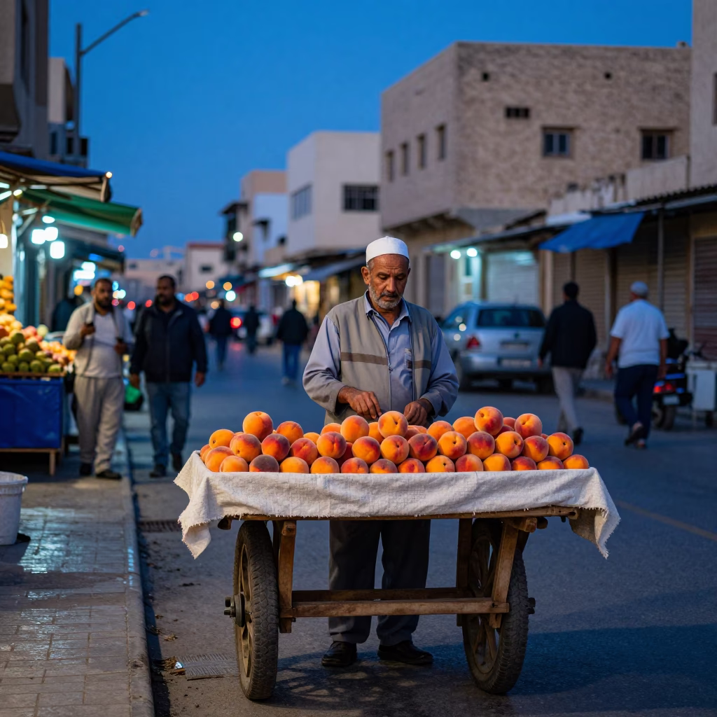 Alexandria Egypt Evening Street Scene with Peaches and Local Market Activity in in Alexandria, Egypt