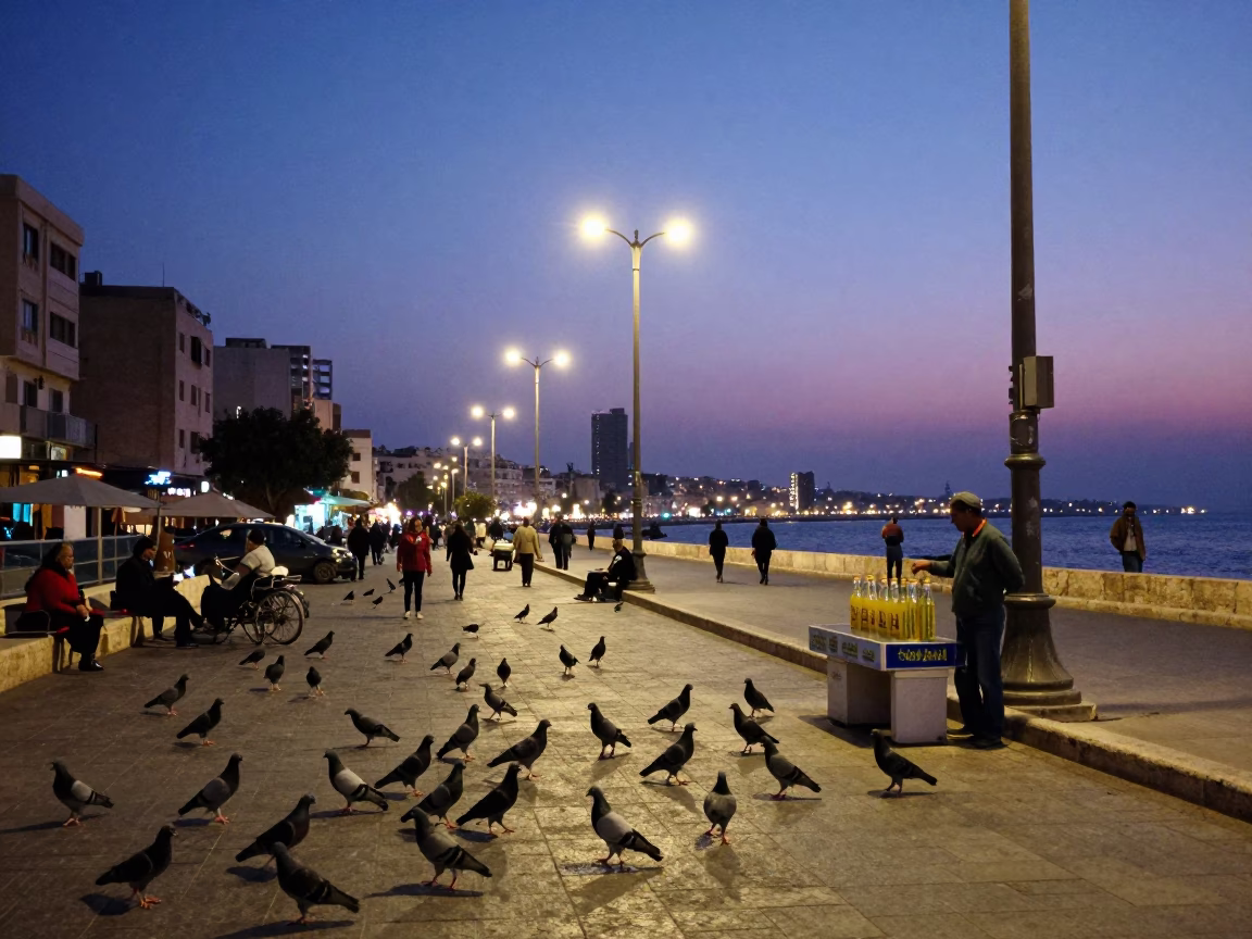 Alexandria Egypt evening street scene with pigeons and sugarcane juice vendor in in Alexandria, Egypt