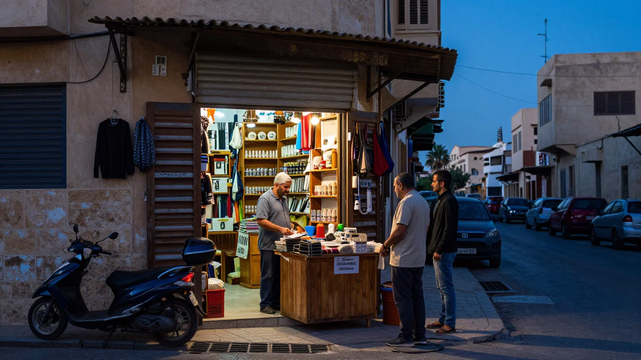 Alexandria Egypt Evening Street Scene with Shopkeeper and Customer Interaction in in Alexandria, Egypt