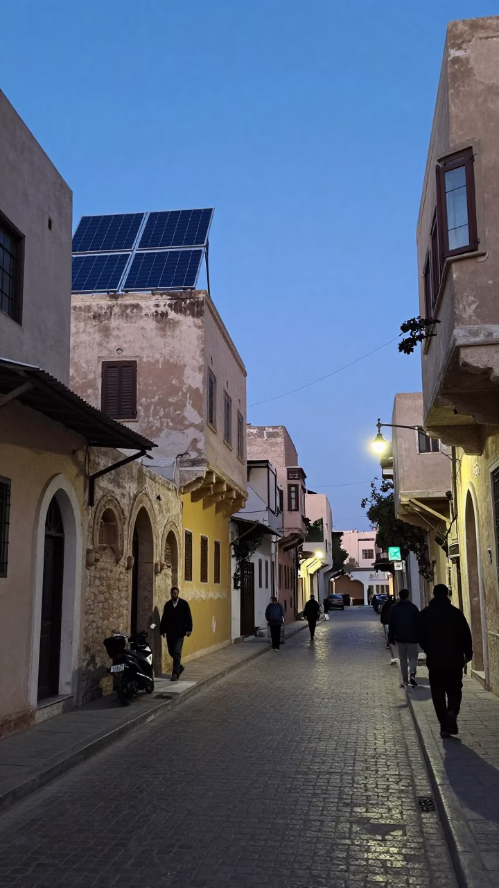 Alexandria Egypt Evening Street Scene with Solar Panels and Local Life in in Alexandria, Egypt