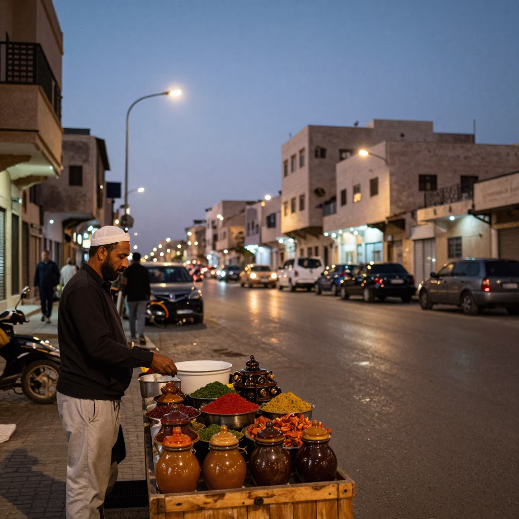 Alexandria Egypt Evening Street Scene with Spice Jars and Local Market Interaction in in Alexandria, Egypt