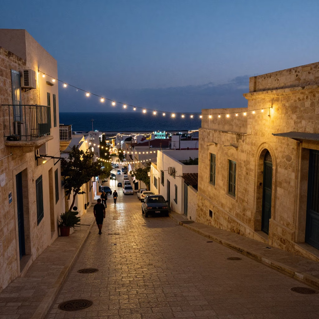 Alexandria Egypt Evening Street Scene with String Lights and Coastal Traffic in in Alexandria, Egypt