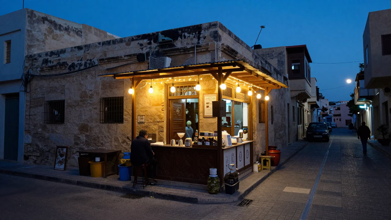 Alexandria Egypt Evening Street Scene with String Lights and Jar in in Alexandria, Egypt