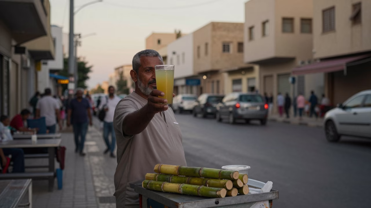 Alexandria Egypt Evening Street Scene with Sugar Cane Juice Vendor and Local Traffic in in Alexandria, Egypt