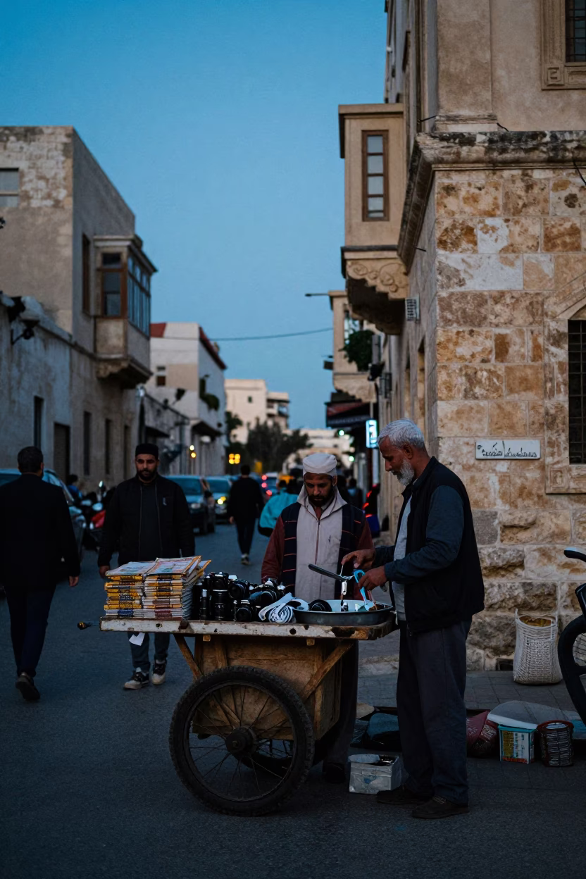 Alexandria Egypt Evening Street Scene with Tailor Shears and Stacked Plates in in Alexandria, Egypt