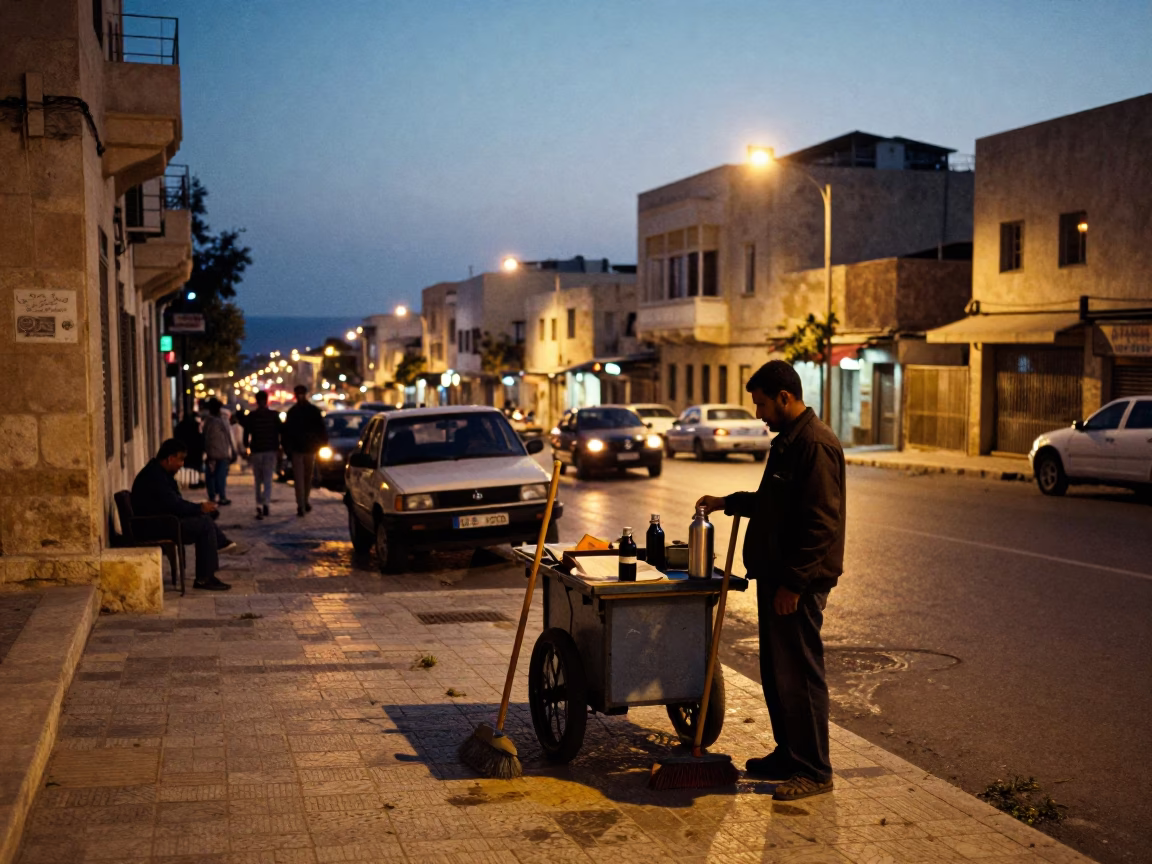 Alexandria Egypt Evening Street Scene with Thermos and Broom Near Mediterranean Coast in in Alexandria, Egypt