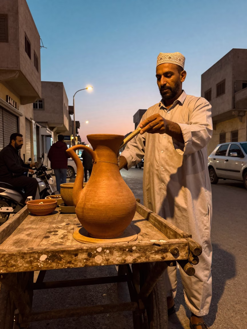Alexandria Egypt Evening Street Scene with Traditional Clay Coffee Pot and Steam in in Alexandria, Egypt