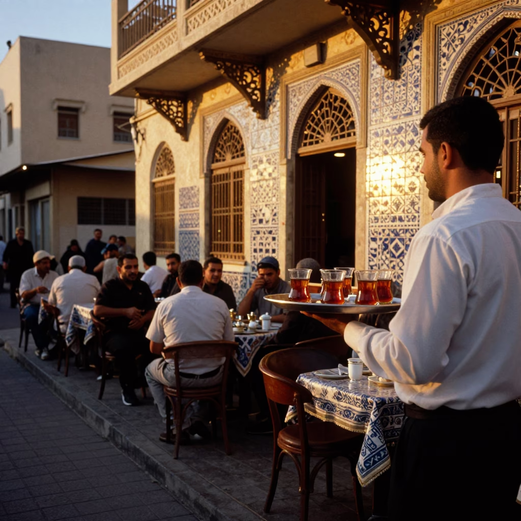 Alexandria Egypt Evening Street Scene with Traditional Tea Service and Local Life in in Alexandria, Egypt