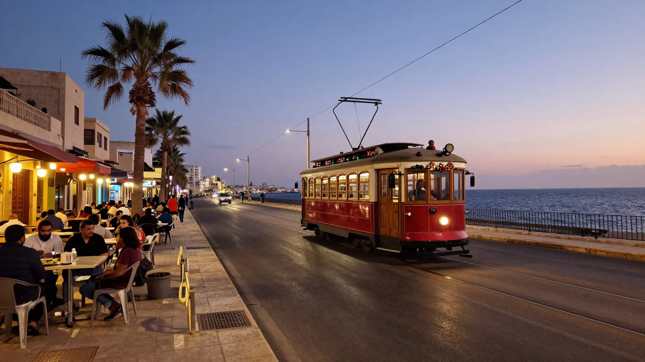Alexandria Egypt Evening Street Scene with Tramcar and Local Dining at Dusk in in Alexandria, Egypt