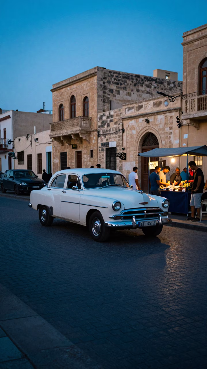 Alexandria Egypt Evening Street Scene with Vintage Car and Blue Porcelain in in Alexandria, Egypt