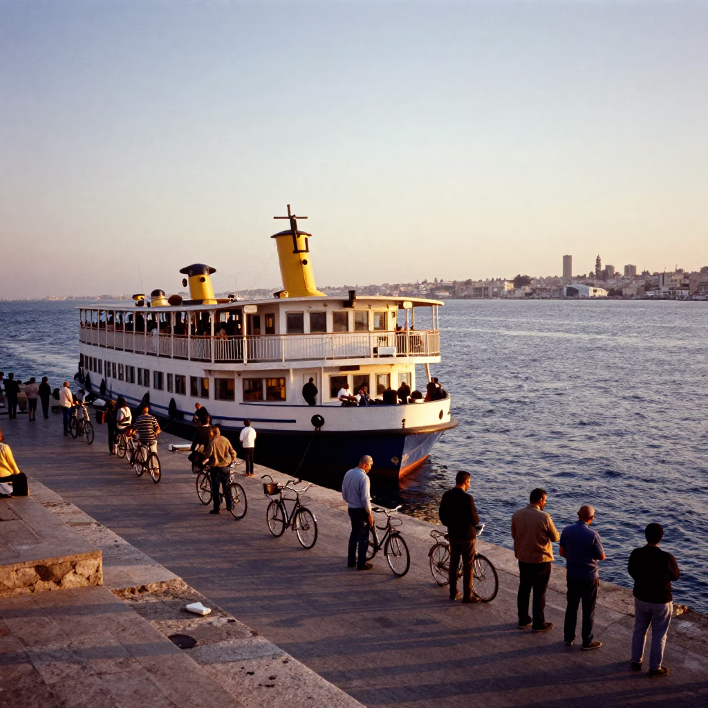Alexandria Egypt Ferry Dock Evening Light Loading Passengers Bicycles in in Alexandria, Egypt