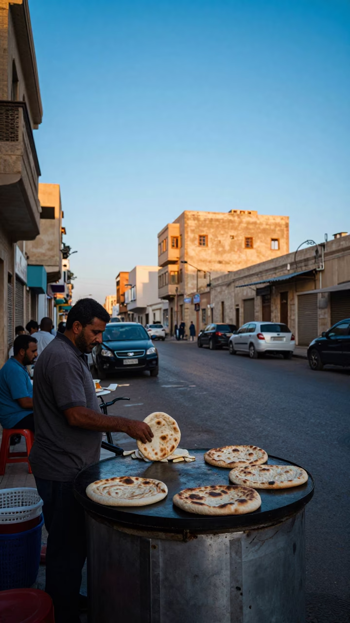 Alexandria Egypt First Light Dawn Street Scene with Local Breakfast Vendor and Traditional Food in in Alexandria, Egypt