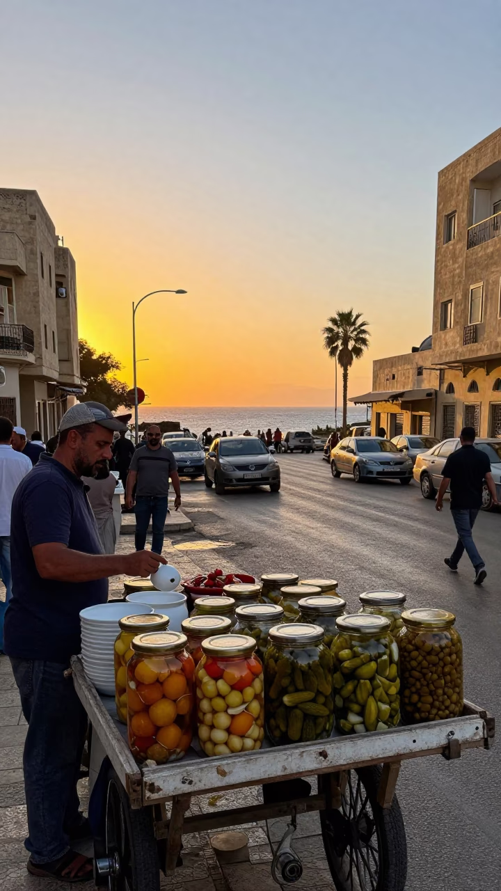 Alexandria Egypt Golden Hour Busy Street Scene with Jar and Doorknob Details in in Alexandria, Egypt