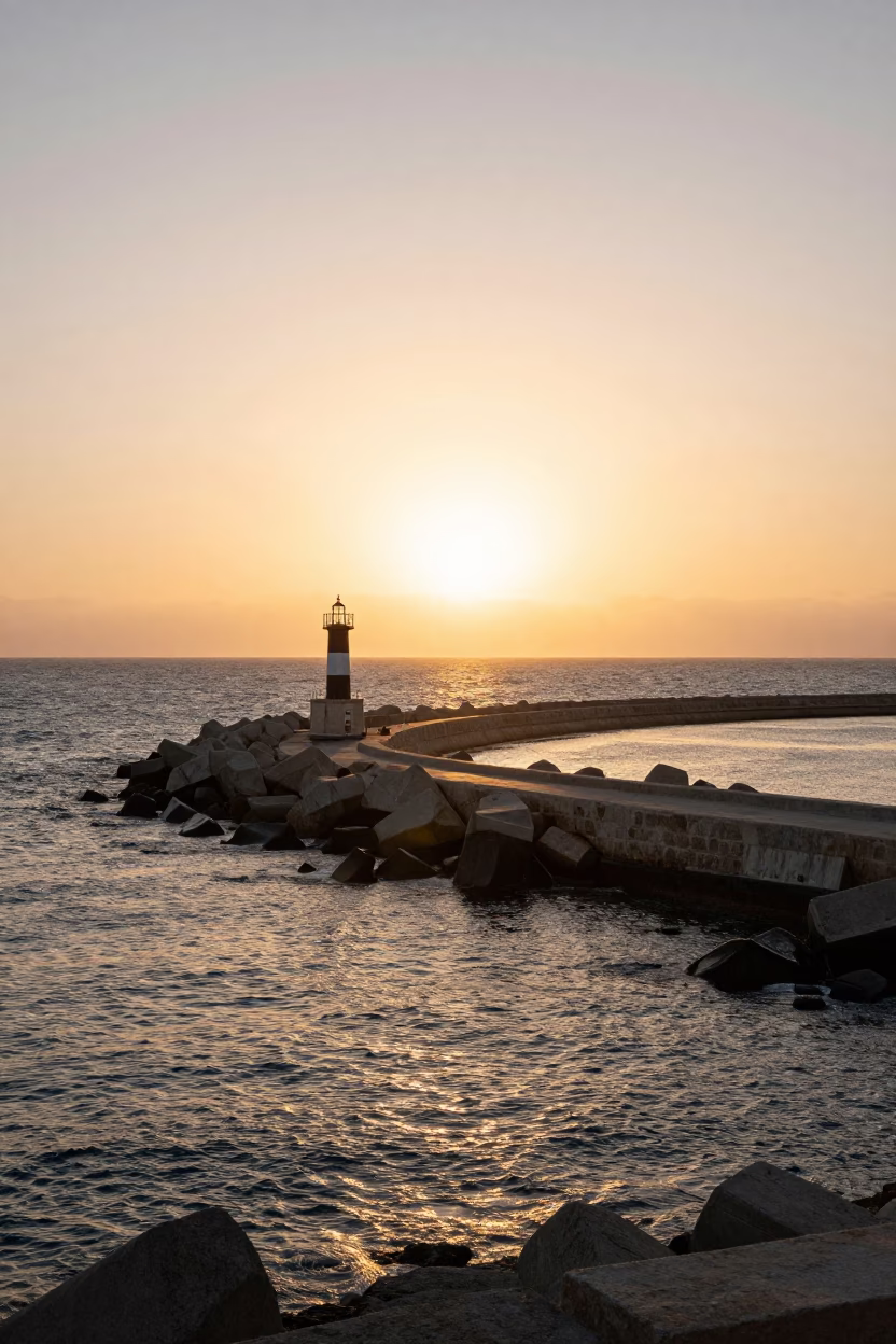 Alexandria Egypt Golden Hour Harbor View with Breakwater Curve and Beacon at Sunset in in Alexandria, Egypt