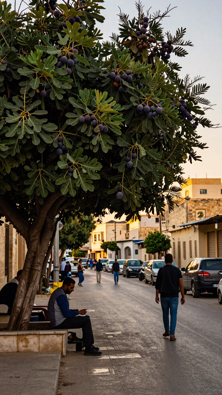 Alexandria Egypt Golden Hour Street Scene with Fig Tree and Local Interaction in in Alexandria, Egypt