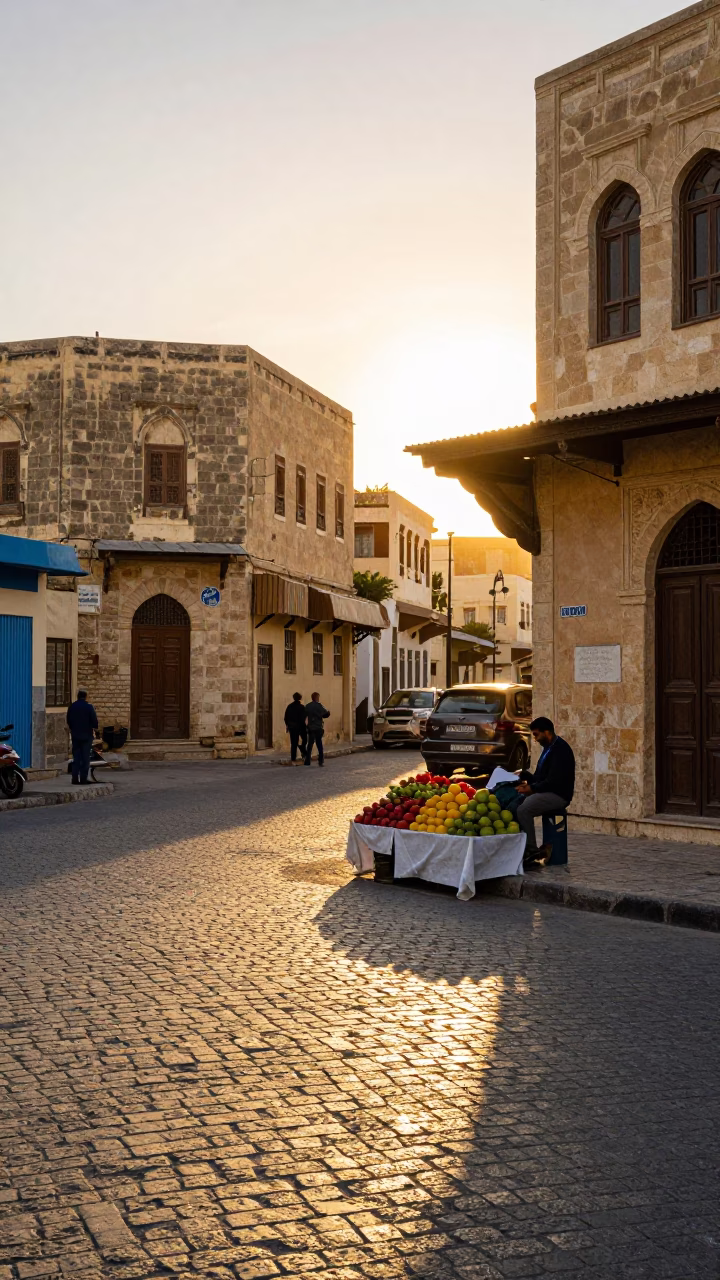 Alexandria Egypt Golden Hour Street Scene with Fruit Seller and Traditional Architecture in in Alexandria, Egypt