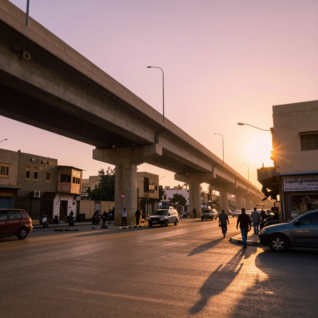 Alexandria Egypt Golden Hour Street Scene with Highway Flyover and Traditional Tea Stall in in Alexandria, Egypt