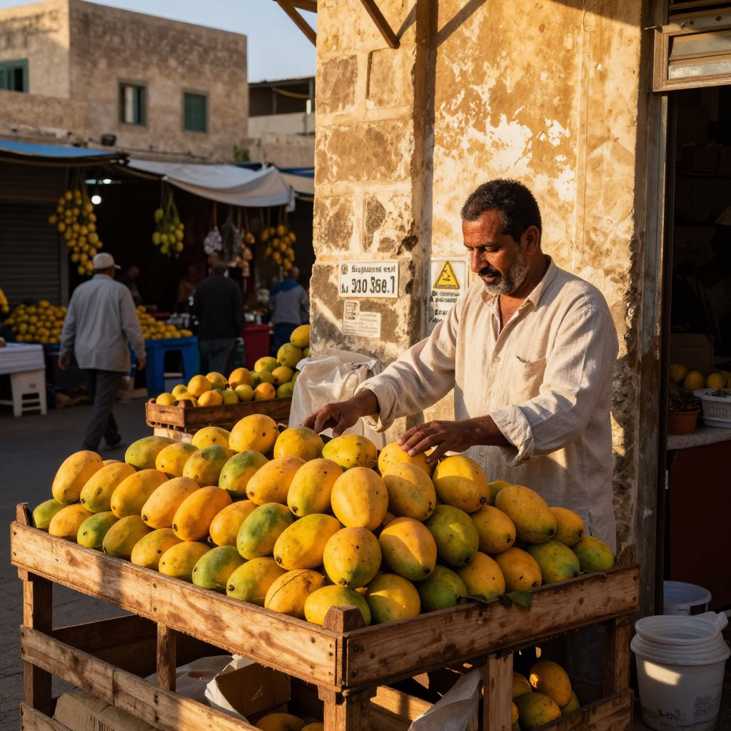 Alexandria Egypt Golden Hour Street Scene with Mangoes and Local Market Details in in Alexandria, Egypt