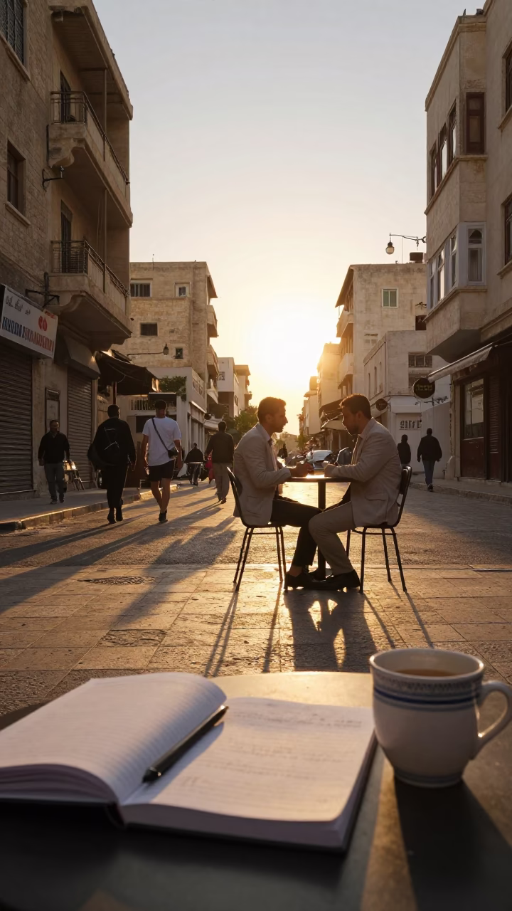 Alexandria Egypt Golden Hour Street Scene with Notebook and Ceramic Cup in in Alexandria, Egypt