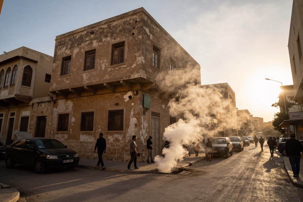 Alexandria Egypt Golden Hour Street Scene with Steam Haze from Drain in in Alexandria, Egypt